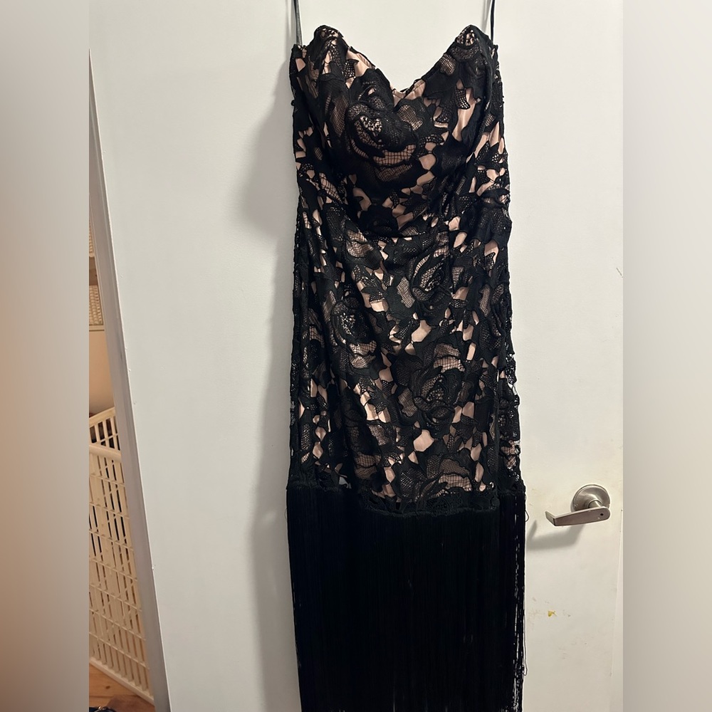Formal black lace dress with fringe